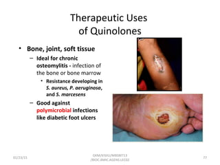 Therapeutic Uses
of Quinolones
• Bone, joint, soft tissue
– Ideal for chronic
osteomylitis - infection of
the bone or bone marrow
• Resistance developing in
S. aureus, P. aeruginosa,
and S. marcesens
– Good against
polymicrobial infections
like diabetic foot ulcers
01/23/15 77
GKM/KISIIU/MBSM713
/BIOC.AMIC.AGENS.LEC02
 