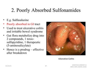 2. Poorly Absorbed Sulfonamides
• E.g. Sulfasalazine
• Poorly absorbed in GI tract
• Used to treat ulcerative colitis
and irritable bowel syndrome
• Gut flora metabolize drug into
2 compounds, 1 toxic-
sulfapyridine, 1 therapeutic
(5-aminosalicylate)
• Hence is a prodrug – effective
after breakdown
Ulcerative Colitis
01/23/15 87
GKM/KISIIU/MBSM713
/BIOC.AMIC.AGENS.LEC02
 