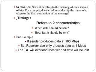  Semantics: Semantics refers to the meaning of each section
of bits. For example, does an address identify the route to be
taken or the final destination of the message?
 Timings :
Refers to 2 characteristics:
 When data should be sent?
 How fast it should be sent?
 For Example
 If sender produces data at 100 Mbps
 But Receiver can only process data at 1 Mbps
 The TX. will overload receiver and data will be lost
 