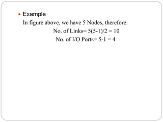  Example
In figure above, we have 5 Nodes, therefore:
No. of Links= 5(5-1)/2 = 10
No. of I/O Ports= 5-1 = 4
 