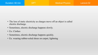 Duration: 60 min DPT Medical Physics Lecture 02
• The loss of static electricity as charges move off an object is called
electric discharge.
• Sometimes, electric discharge happens slowly.
• Ex: Clothes
• Sometimes, electric discharge happens quickly.
• Ex. wearing rubber-soled shoes on carpet, lightning
 