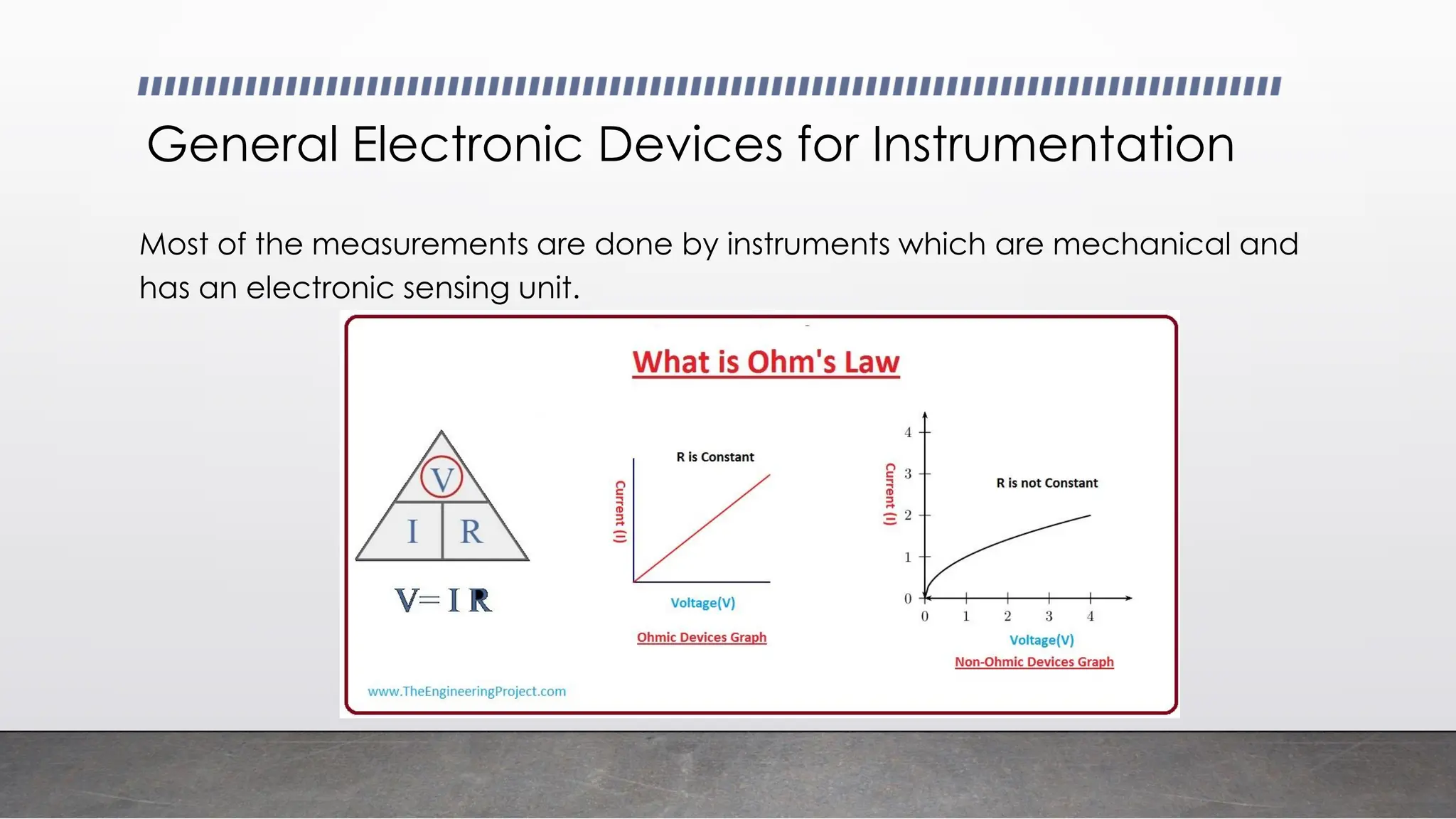 General Electronic Devices for Instrumentation
Most of the measurements are done by instruments which are mechanical and
has an electronic sensing unit.
 
