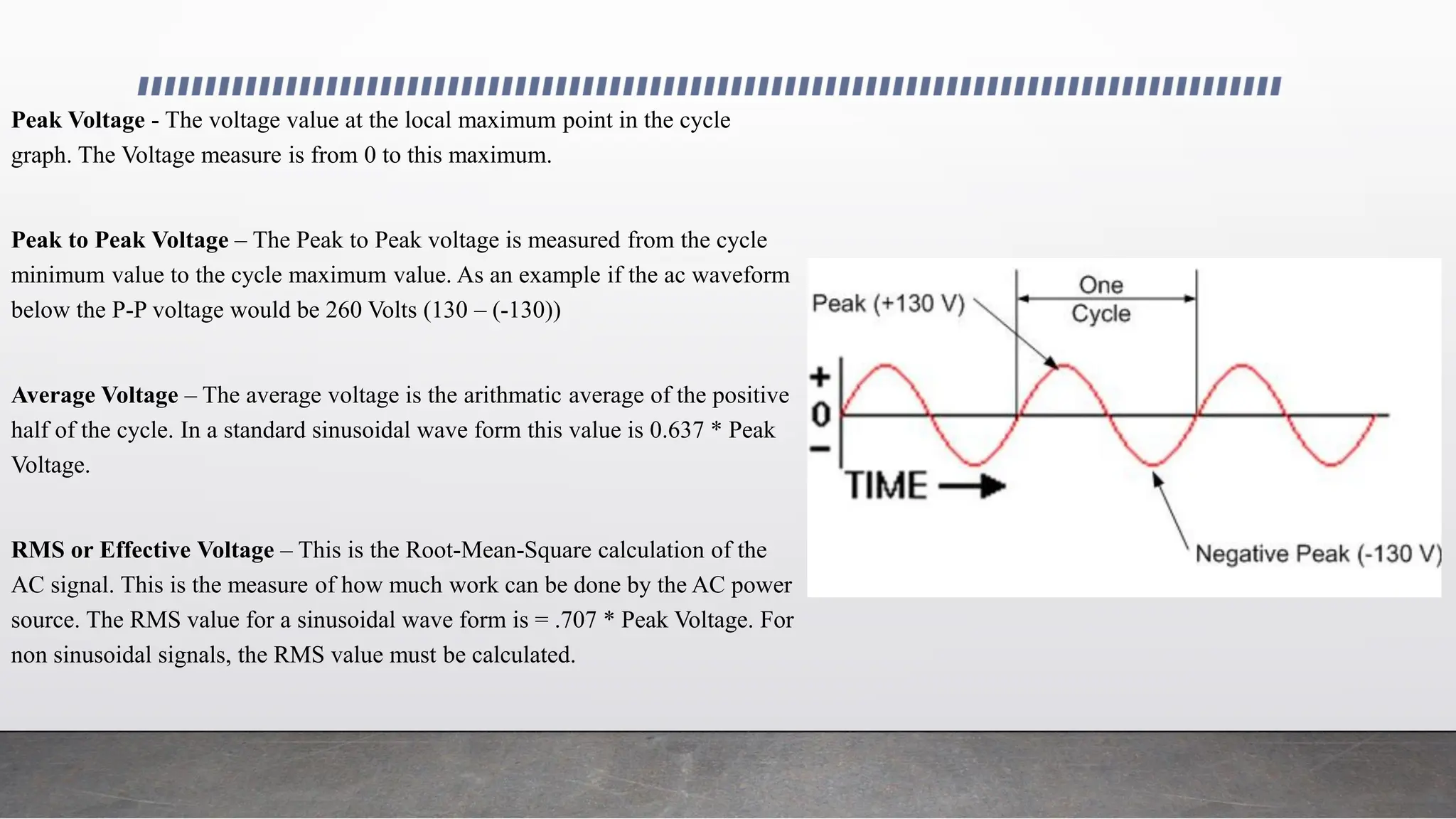 Peak Voltage - The voltage value at the local maximum point in the cycle
graph. The Voltage measure is from 0 to this maximum.
Peak to Peak Voltage – The Peak to Peak voltage is measured from the cycle
minimum value to the cycle maximum value. As an example if the ac waveform
below the P-P voltage would be 260 Volts (130 – (-130))
Average Voltage – The average voltage is the arithmatic average of the positive
half of the cycle. In a standard sinusoidal wave form this value is 0.637 * Peak
Voltage.
RMS or Effective Voltage – This is the Root-Mean-Square calculation of the
AC signal. This is the measure of how much work can be done by the AC power
source. The RMS value for a sinusoidal wave form is = .707 * Peak Voltage. For
non sinusoidal signals, the RMS value must be calculated.
 