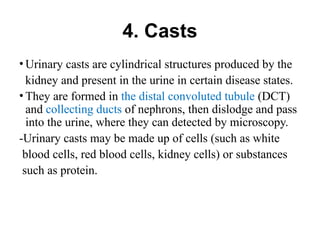 4. Casts
• Urinary casts are cylindrical structures produced by the
kidney and present in the urine in certain disease states.
• They are formed in the distal convoluted tubule (DCT)
and collecting ducts of nephrons, then dislodge and pass
into the urine, where they can detected by microscopy.
-Urinary casts may be made up of cells (such as white
blood cells, red blood cells, kidney cells) or substances
such as protein.
 