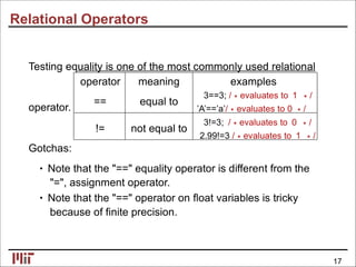 Relational Operators
Testing equality is one of the most commonly used relational
operator
==
operator.
!=
Gotchas:
meaning
equal to
not equal to
examples
3==3; /∗evaluates to 1 ∗/
’A’==’a’/∗evaluates to 0 ∗/
3!=3; /∗evaluates to 0 ∗/
2.99!=3 /∗evaluates to 1 ∗/
• Note that the "==" equality operator is different from the
"=", assignment operator.
• Note that the "==" operator on ﬂoat variables is tricky
because of ﬁnite precision.
17
 