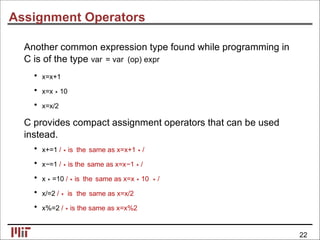 Assignment Operators
Another common expression type found while programming in
C is of the type var = var (op) expr
• x=x+1
• x=x∗10
• x=x/2
C provides compact assignment operators that can be used
instead.
• x+=1 /∗is the same as x=x+1∗/
• x−=1 /∗is the same as x=x−1∗/
• x∗=10 /∗is the same as x=x∗10 ∗/
• x/=2 /∗ is the same as x=x/2
• x%=2 /∗is the same as x=x%2
22
 