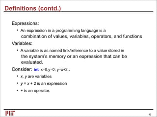Deﬁnitions (contd.)
Expressions:
• An expression in a programming language is a
combination of values, variables, operators, and functions
Variables:
• A variable is as named link/reference to a value stored in
the system’s memory or an expression that can be
evaluated.
Consider: int x=0,y=0; y=x+2;.
• x, y are variables
• y = x + 2 is an expression
• + is an operator.
4
 