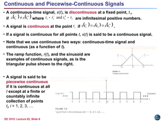 EE 3512: Lecture 02, Slide 8
Continuous and Piecewise-Continuous Signals
• A continuous-time signal, x(t), is discontinuous at a fixed point, t1,
if where are infinitesimal positive numbers.
• A signal is continuous at the point if .
• If a signal is continuous for all points t, x(t) is said to be a continuous signal.
• Note that we use continuous two ways: continuous-time signal and
continuous (as a function of t).
• The ramp function, r(t), and the sinusoid are
examples of continuous signals, as is the
triangular pulse shown to the right.
• A signal is said to be
piecewise continuous
if it is continuous at all
t except at a finite or
countably infinite
collection of points
ti, i = 1, 2, 3, …
   


 1
1 t
x
t
x 1
1
1
1 and t
t
t
t 
 

1
t      



 1
1
1 t
x
t
x
t
x
 