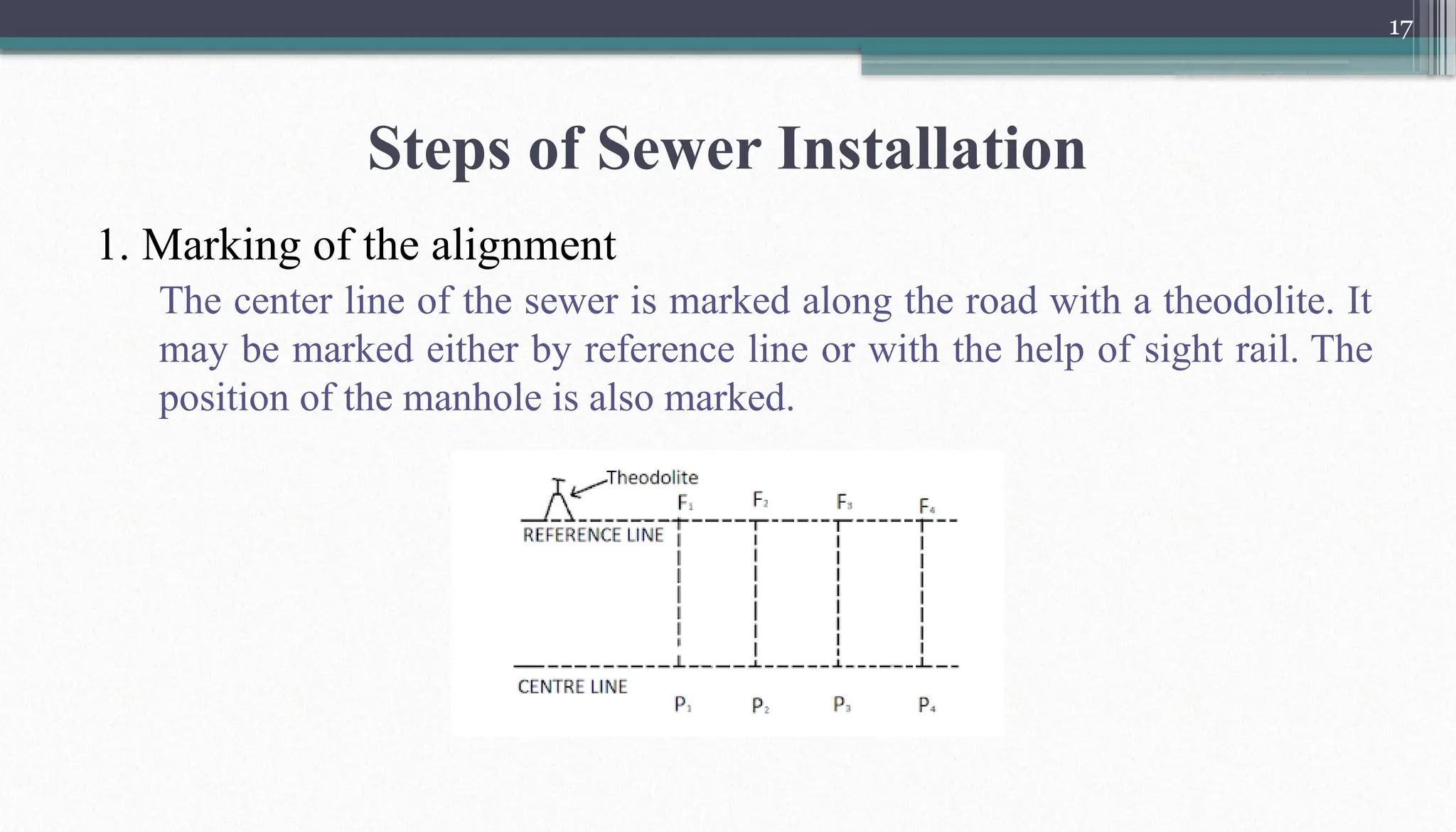 17
Steps of Sewer Installation
1. Marking of the alignment
The center line of the sewer is marked along the road with a theodolite. It
may be marked either by reference line or with the help of sight rail. The
position of the manhole is also marked.
 