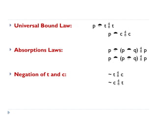  Universal Bound Law: p  t  t
p  c  c
 Absorptions Laws: p  (p  q)  p
p  (p  q)  p
 Negation of t and c: ~ t  c
~ c  t
 