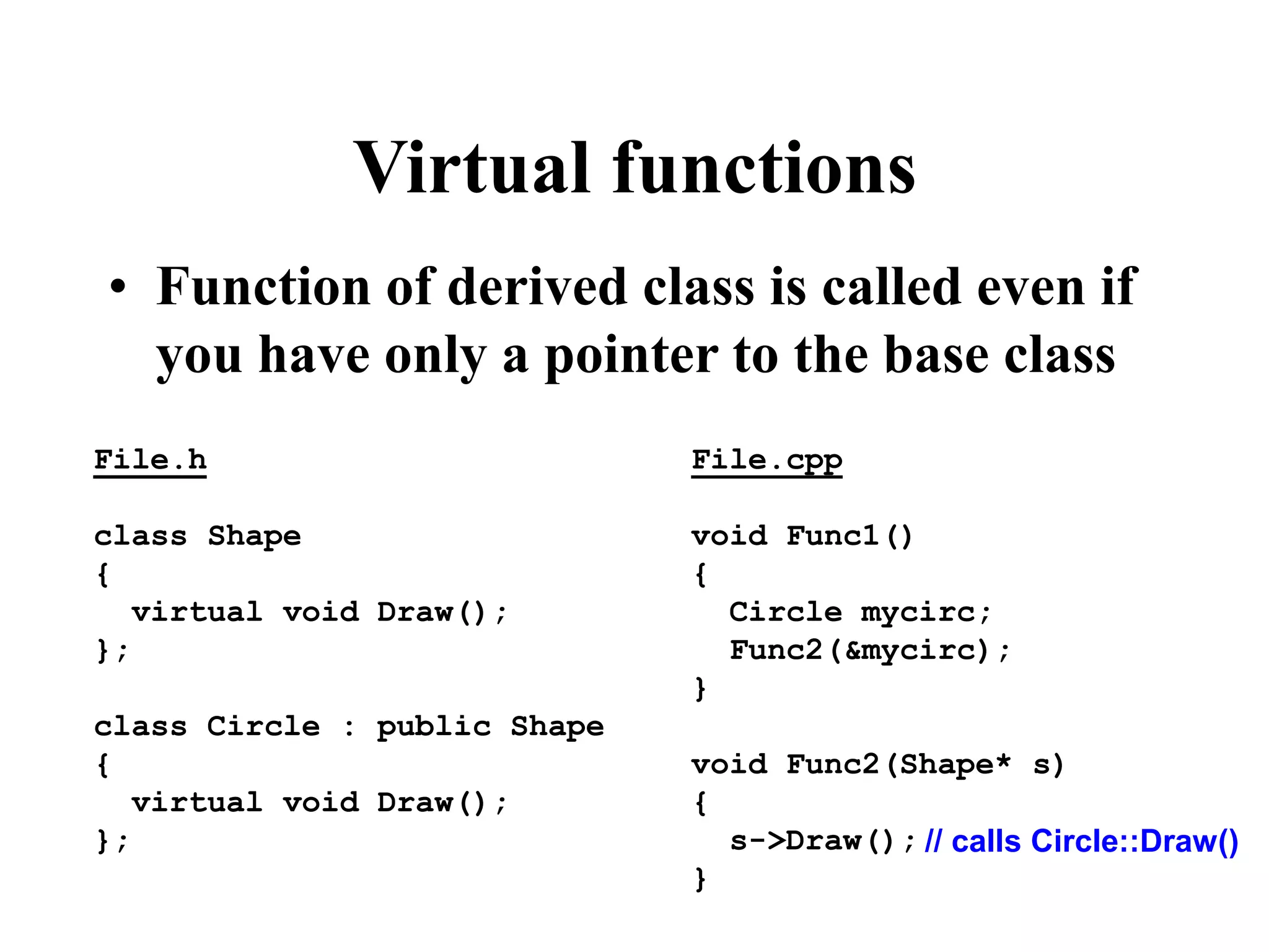 Virtual functions • Function of derived class is called even if you have only a pointer to the base class File.h class Shape { virtual void Draw(); }; class Circle : public Shape { virtual void Draw(); }; File.cpp void Func1() { Circle mycirc; Func2(&mycirc); } void Func2(Shape* s) { s->Draw(); } // calls Circle::Draw() 