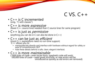 C VS. C++
• C++ is C incremented
(orig., “C with classes”)
• C++ is more expressive
(fewer C++ source lines needed than C ...
