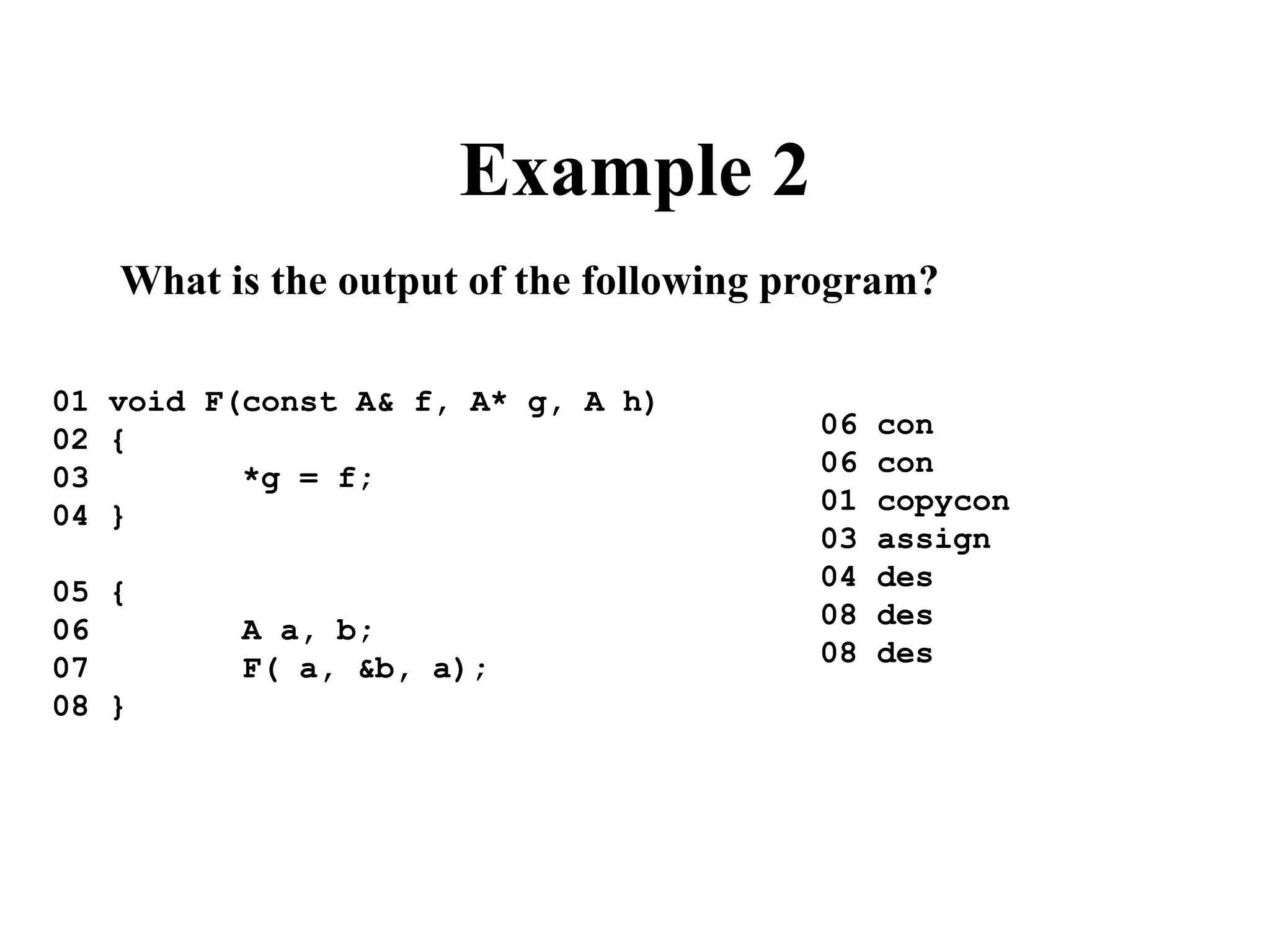 Example 2
What is the output of the following program?
01 void F(const A& f, A* g, A h)
02 {
03 *g = f;
04 }
05 {
06 A a, b;
07 F( a, &b, a);
08 }
06 con
06 con
01 copycon
03 assign
04 des
08 des
08 des
 