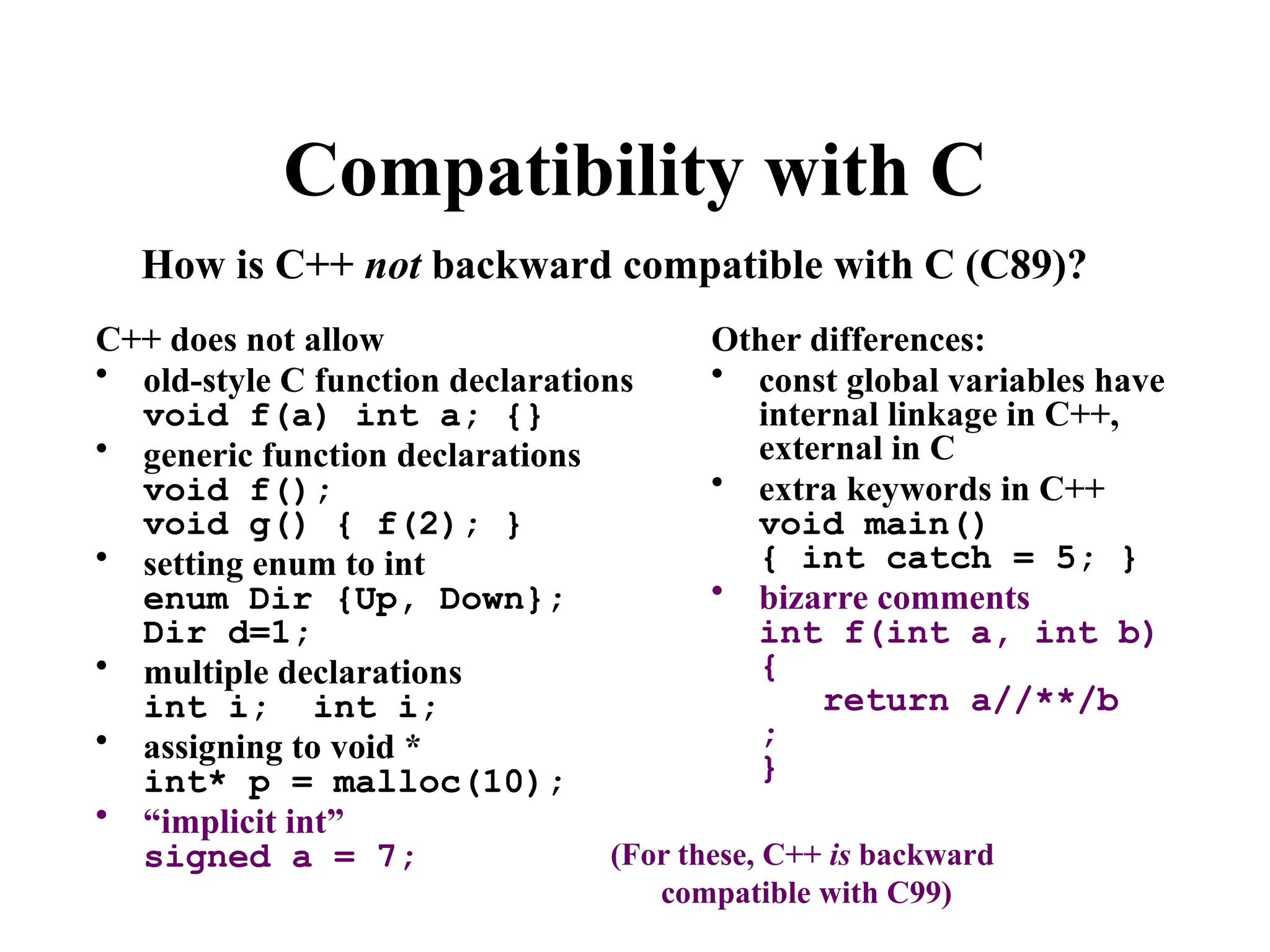 Compatibility with C
C++ does not allow
• old-style C function declarations
void f(a) int a; {}
• generic function declarations
void f();
void g() { f(2); }
• setting enum to int
enum Dir {Up, Down};
Dir d=1;
• multiple declarations
int i; int i;
• assigning to void *
int* p = malloc(10);
• “implicit int”
signed a = 7;
Other differences:
• const global variables have
internal linkage in C++,
external in C
• extra keywords in C++
void main()
{ int catch = 5; }
• bizarre comments
int f(int a, int b)
{
return a//**/b
;
}
How is C++ not backward compatible with C (C89)?
(For these, C++ is backward
compatible with C99)
 