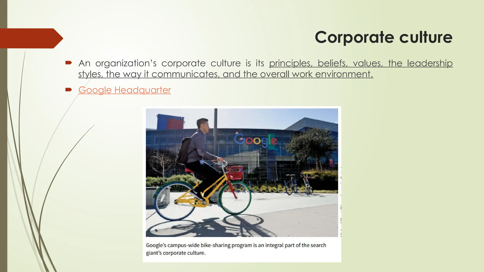 Corporate culture
 An organization’s corporate culture is its principles, beliefs, values, the leadership
styles, the way it communicates, and the overall work environment.
 Google Headquarter
 