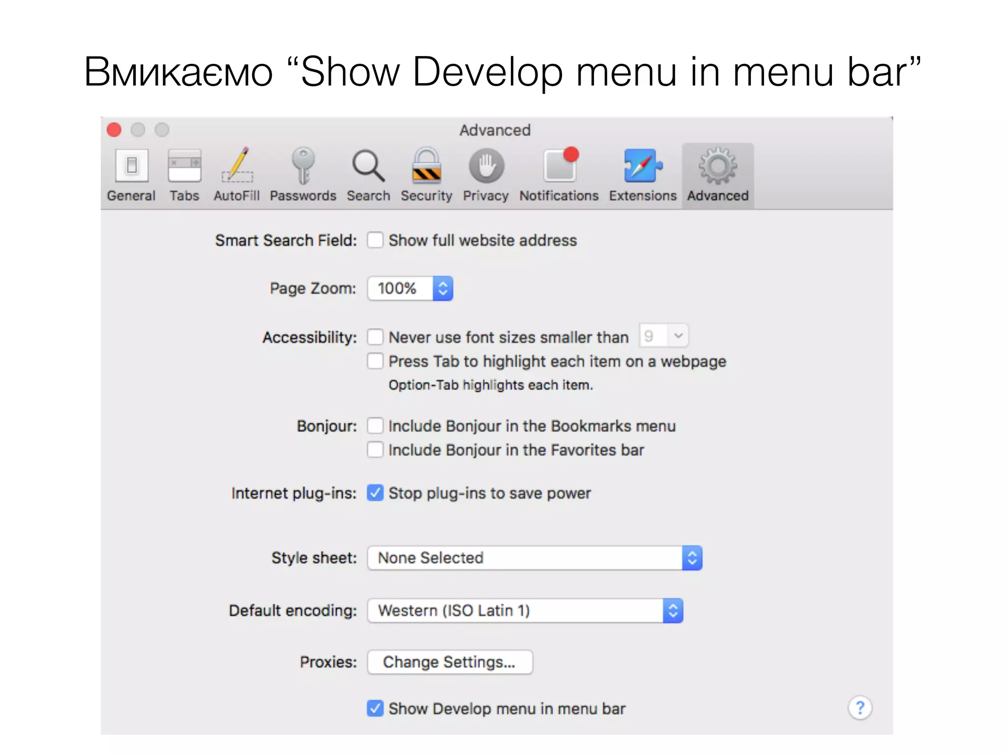 Вмикаємо “Show Develop menu in menu bar”
 