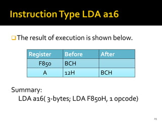 ❑The result of execution is shown below.
Summary:
LDA a16( 3-bytes; LDA F850H, 1 opcode)
29
Register Before After
F850 BCH
A 12H BCH
 