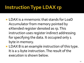 LDAX is a mnemonic that stands for LoaD
Accumulator from memory pointed by
eXtended register denoted as rp.This
instruction uses register indirect addressing
for specifying the data. It occupied only 1
byte in memory.
 LDAX B is an example instruction of this type.
It is a 1-byte instruction.The result of the
execution is shown below.
49
 