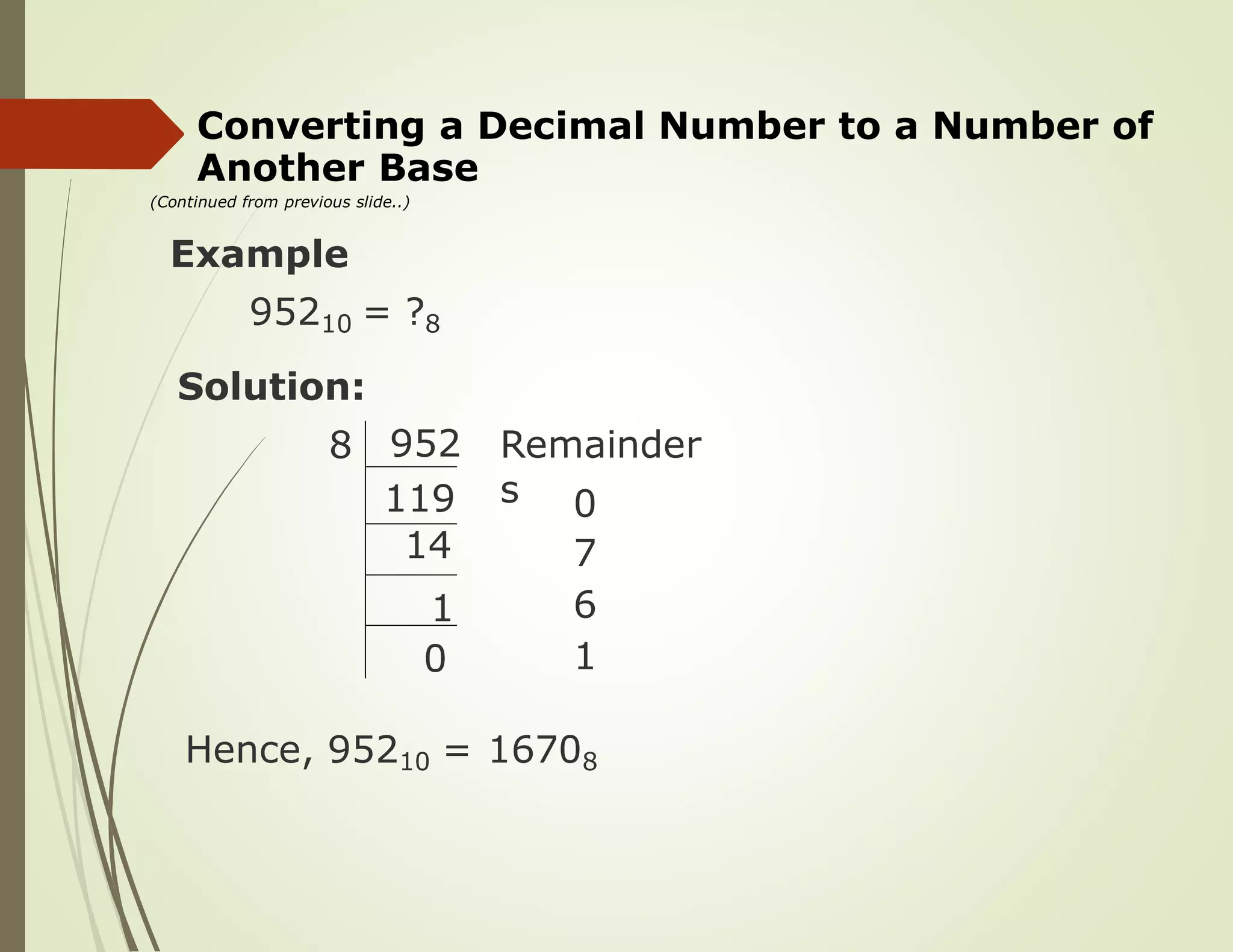 Converting a Decimal
Another Base
(Continued from previous slide..)
Number to a Number of
Example
95210 = ?8
Solution:
9528 Remainder
s 0
7
6
1
Hence, 95210 = 16708
119
14
1
0
 
