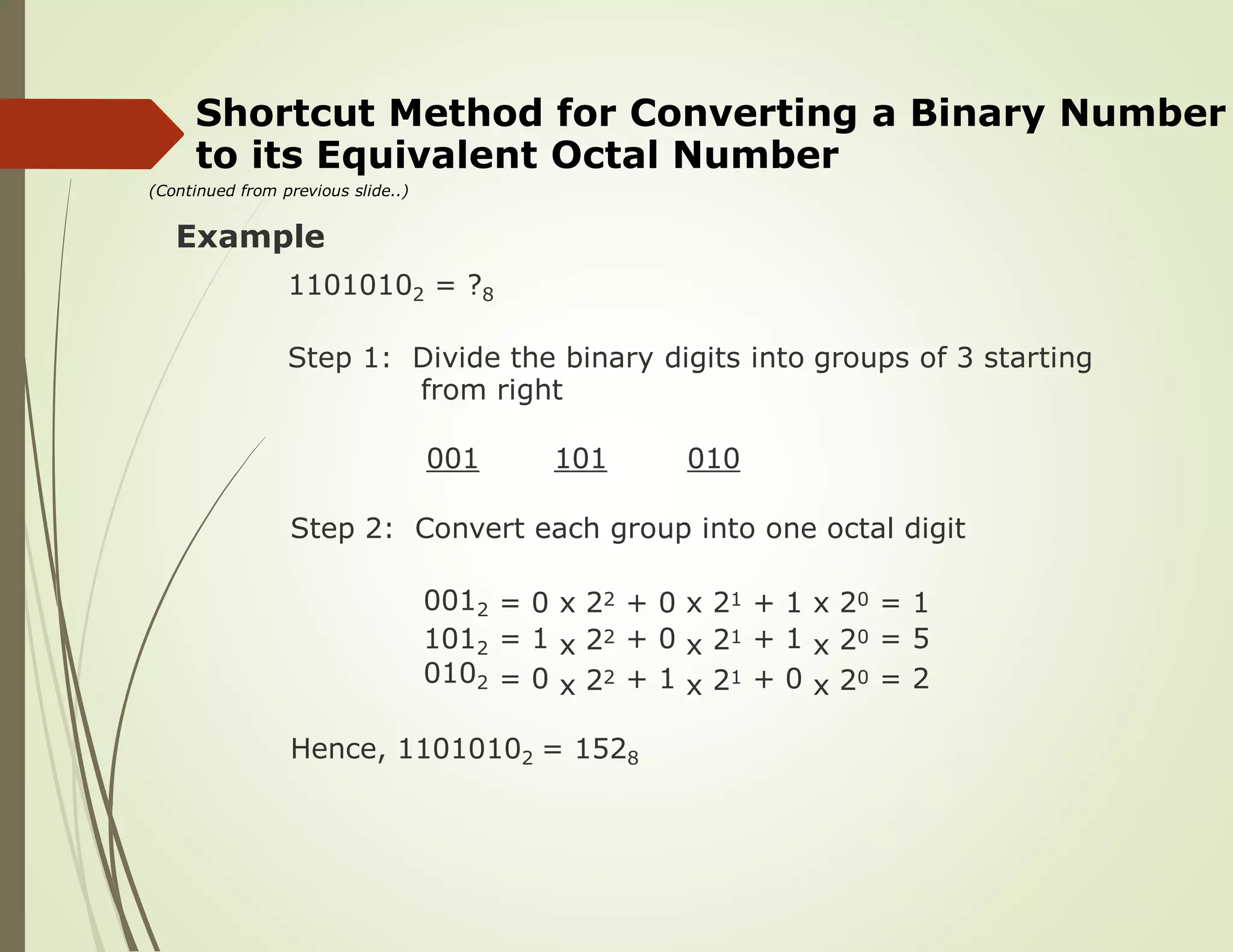 Shortcut Method for Converting a Binary
to its Equivalent Octal Number
(Continued from previous slide..)
Number
Example
11010102 = ?8
Step 1: Divide the binary digits into
from right
groups of 3 starting
001 101 010
Step 2: Convert each group into one octal digit
0012
1012
0102
=
=
=
0
1
0
x
x
x
22
22
22
+
+
+
0
0
1
x
x
x
21
21
21
+
+
+
1
1
0
x
x
x
20
20
20
=
=
=
1
5
2
Hence, 11010102 = 1528
 