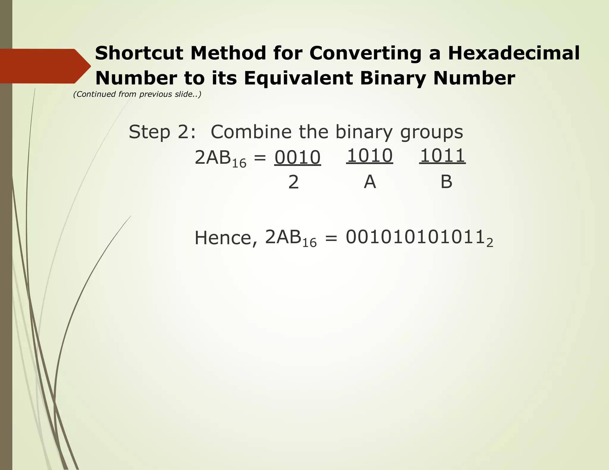 Shortcut Method for Converting a Hexadecimal
Number to
(Continued from previous slide..)
its Equivalent Binary Number
Step 2: Combine the binary
1010
A
groups
1011
B
2AB16 = 0010
2
Hence, 2AB16 = 0010101010112
 