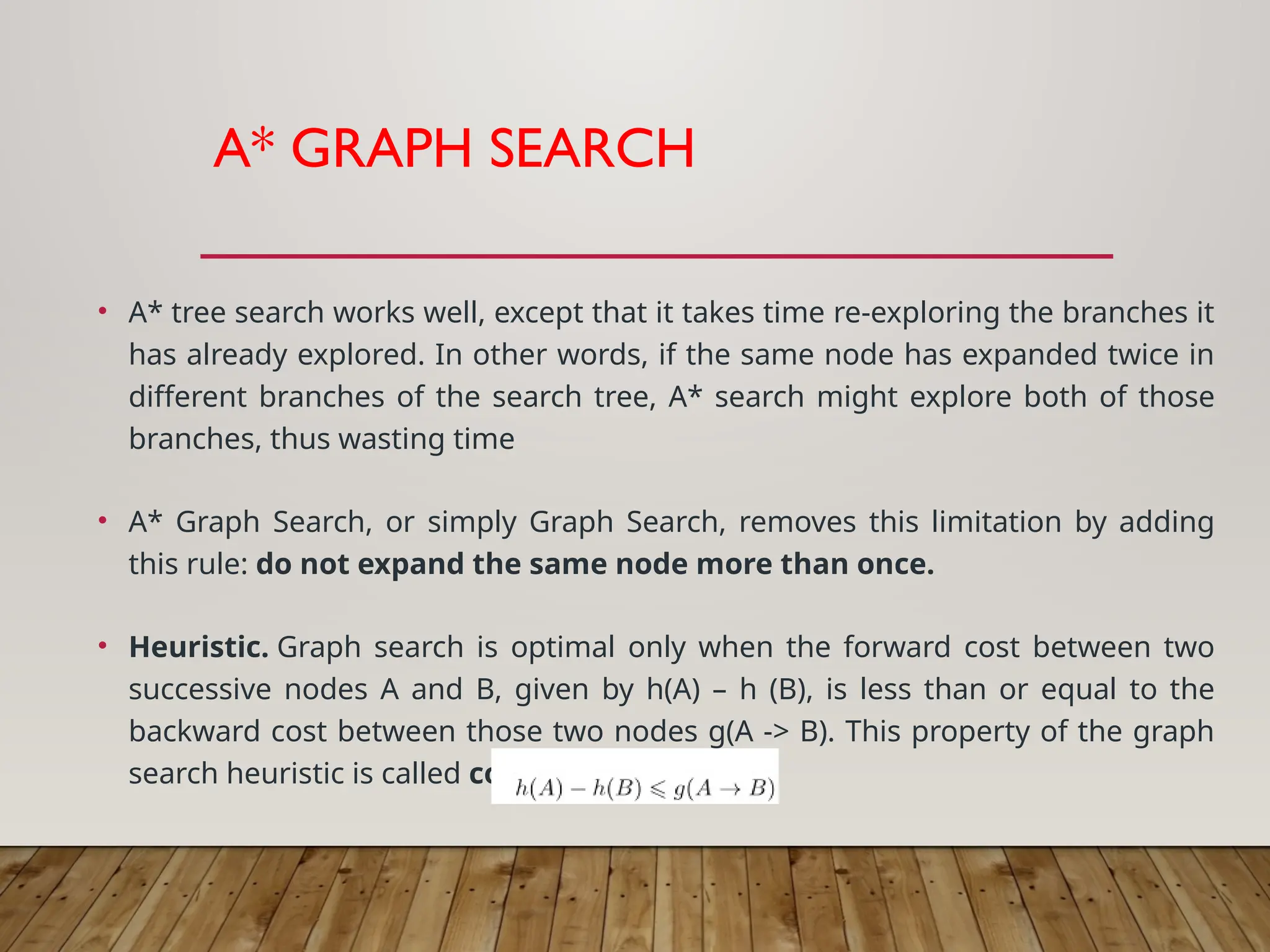 A* GRAPH SEARCH
• A* tree search works well, except that it takes time re-exploring the branches it
has already explored. In other words, if the same node has expanded twice in
different branches of the search tree, A* search might explore both of those
branches, thus wasting time
• A* Graph Search, or simply Graph Search, removes this limitation by adding
this rule: do not expand the same node more than once.
• Heuristic. Graph search is optimal only when the forward cost between two
successive nodes A and B, given by h(A) – h (B), is less than or equal to the
backward cost between those two nodes g(A -> B). This property of the graph
search heuristic is called consistency.
 