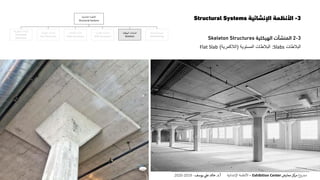 3-‫اإلنشائية‬ ‫األنظمة‬Structural Systems
3-2‫المنشآت‬‫الهيكلية‬Skeleton Structures
‫البالطات‬Slabs:‫البالطات‬‫المستوية‬(‫الالكمرية‬)Flat Slab
‫اإلنشائية‬ ‫األنظمة‬
Structural Systems
‫المنفوخة‬ ‫المنشآت‬
Pneumatic
Structures
‫الخيامية‬ ‫المنشآت‬
Tent Structures
‫الكابالت‬ ‫منشآت‬
Cable Structures
‫القشرية‬ ‫المنشآت‬
Shell Structures
‫الهيكلية‬ ‫المنشآت‬
Skeleton
‫الحاملة‬ ‫الحوائط‬
Wall Bearing
‫ع‬‫و‬ ‫ر‬‫مش‬‫كز‬‫مر‬‫معارض‬Exhibition Center–‫اإلنشائية‬ ‫األنظمة‬‫أ‬.‫د‬.‫عل‬ ‫خالد‬‫يوسف‬-2019-2020
 