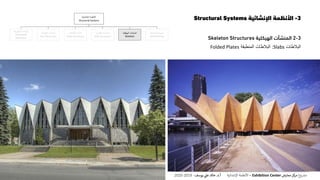 3-‫اإلنشائية‬ ‫األنظمة‬Structural Systems
3-2‫المنشآت‬‫الهيكلية‬Skeleton Structures
‫البالطات‬Slabs:‫البالطات‬‫المنطبقة‬Folded Plates
‫اإلنشائية‬ ‫األنظمة‬
Structural Systems
‫المنفوخة‬ ‫المنشآت‬
Pneumatic
Structures
‫الخيامية‬ ‫المنشآت‬
Tent Structures
‫الكابالت‬ ‫منشآت‬
Cable Structures
‫القشرية‬ ‫المنشآت‬
Shell Structures
‫الهيكلية‬ ‫المنشآت‬
Skeleton
‫الحاملة‬ ‫الحوائط‬
Wall Bearing
‫ع‬‫و‬ ‫ر‬‫مش‬‫كز‬‫مر‬‫معارض‬Exhibition Center–‫اإلنشائية‬ ‫األنظمة‬‫أ‬.‫د‬.‫عل‬ ‫خالد‬‫يوسف‬-2019-2020
 