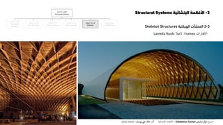 3-‫اإلنشائية‬ ‫األنظمة‬Structural Systems
3-2‫المنشآت‬‫الهيكلية‬Skeleton Structures
‫اإلطارات‬Frames:‫الميال‬Lamella Roofs
‫اإلنشائية‬ ‫األنظمة‬
Structural Systems
‫المنفوخة‬ ‫المنشآت‬
Pneumatic
Structures
‫الخيامية‬ ‫المنشآت‬
Tent Structures
‫الكابالت‬ ‫منشآت‬
Cable Structures
‫القشرية‬ ‫المنشآت‬
Shell Structures
‫الهيكلية‬ ‫المنشآت‬
Skeleton
‫الحاملة‬ ‫الحوائط‬
Wall Bearing
‫ع‬‫و‬ ‫ر‬‫مش‬‫كز‬‫مر‬‫معارض‬Exhibition Center–‫اإلنشائية‬ ‫األنظمة‬‫أ‬.‫د‬.‫عل‬ ‫خالد‬‫يوسف‬-2019-2020
 