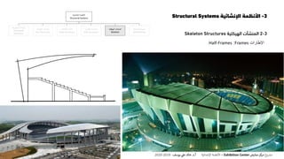 3-‫اإلنشائية‬ ‫األنظمة‬Structural Systems
3-2‫المنشآت‬‫الهيكلية‬Skeleton Structures
‫اإلطارات‬Frames:Half-Frames
‫اإلنشائية‬ ‫األنظمة‬
Structural Systems
‫المنفوخة‬ ‫المنشآت‬
Pneumatic
Structures
‫الخيامية‬ ‫المنشآت‬
Tent Structures
‫الكابالت‬ ‫منشآت‬
Cable Structures
‫القشرية‬ ‫المنشآت‬
Shell Structures
‫الهيكلية‬ ‫المنشآت‬
Skeleton
‫الحاملة‬ ‫الحوائط‬
Wall Bearing
‫ع‬‫و‬ ‫ر‬‫مش‬‫كز‬‫مر‬‫معارض‬Exhibition Center–‫اإلنشائية‬ ‫األنظمة‬‫أ‬.‫د‬.‫عل‬ ‫خالد‬‫يوسف‬-2019-2020
 