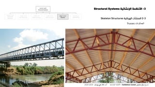 3-‫اإلنشائية‬ ‫األنظمة‬Structural Systems
3-2‫المنشآت‬‫الهيكلية‬Skeleton Structures
‫الجمالونات‬Trusses
‫اإلنشائية‬ ‫األنظمة‬
Structural Systems
‫المنفوخة‬ ‫المنشآت‬
Pneumatic
Structures
‫الخيامية‬ ‫المنشآت‬
Tent Structures
‫الكابالت‬ ‫منشآت‬
Cable Structures
‫القشرية‬ ‫المنشآت‬
Shell Structures
‫الهيكلية‬ ‫المنشآت‬
Skeleton
‫الحاملة‬ ‫الحوائط‬
Wall Bearing
‫ع‬‫و‬ ‫ر‬‫مش‬‫كز‬‫مر‬‫معارض‬Exhibition Center–‫اإلنشائية‬ ‫األنظمة‬‫أ‬.‫د‬.‫عل‬ ‫خالد‬‫يوسف‬-2019-2020
 