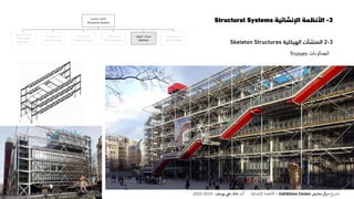 3-‫اإلنشائية‬ ‫األنظمة‬Structural Systems
3-2‫المنشآت‬‫الهيكلية‬Skeleton Structures
‫الجمالونات‬Trusses
‫اإلنشائية‬ ‫األنظمة‬
Structural Systems
‫المنفوخة‬ ‫المنشآت‬
Pneumatic
Structures
‫الخيامية‬ ‫المنشآت‬
Tent Structures
‫الكابالت‬ ‫منشآت‬
Cable Structures
‫القشرية‬ ‫المنشآت‬
Shell Structures
‫الهيكلية‬ ‫المنشآت‬
Skeleton
‫الحاملة‬ ‫الحوائط‬
Wall Bearing
‫ع‬‫و‬ ‫ر‬‫مش‬‫كز‬‫مر‬‫معارض‬Exhibition Center–‫اإلنشائية‬ ‫األنظمة‬‫أ‬.‫د‬.‫عل‬ ‫خالد‬‫يوسف‬-2019-2020
 