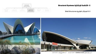 3-‫اإلنشائية‬ ‫األنظمة‬Structural Systems
3-3‫المنشآت‬‫القشرية‬Shell Structures
‫اإلنشائية‬ ‫األنظمة‬
Structural Systems
‫المنفوخة‬ ‫المنشآت‬
Pneumatic
Structures
‫الخيامية‬ ‫المنشآت‬
Tent Structures
‫الكابالت‬ ‫منشآت‬
Cable Structures
‫المنشآت‬‫القشرية‬
Shell Structures
‫الهيكلية‬ ‫المنشآت‬
Skeleton
‫الحاملة‬ ‫الحوائط‬
Wall Bearing
‫ع‬‫و‬ ‫ر‬‫مش‬‫كز‬‫مر‬‫معارض‬Exhibition Center–‫اإلنشائية‬ ‫األنظمة‬‫أ‬.‫د‬.‫عل‬ ‫خالد‬‫يوسف‬-2019-2020
 