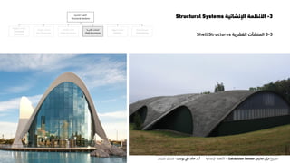 3-‫اإلنشائية‬ ‫األنظمة‬Structural Systems
3-3‫المنشآت‬‫القشرية‬Shell Structures
‫اإلنشائية‬ ‫األنظمة‬
Structural Systems
‫المنفوخة‬ ‫المنشآت‬
Pneumatic
Structures
‫الخيامية‬ ‫المنشآت‬
Tent Structures
‫الكابالت‬ ‫منشآت‬
Cable Structures
‫المنشآت‬‫القشرية‬
Shell Structures
‫الهيكلية‬ ‫المنشآت‬
Skeleton
‫الحاملة‬ ‫الحوائط‬
Wall Bearing
‫ع‬‫و‬ ‫ر‬‫مش‬‫كز‬‫مر‬‫معارض‬Exhibition Center–‫اإلنشائية‬ ‫األنظمة‬‫أ‬.‫د‬.‫عل‬ ‫خالد‬‫يوسف‬-2019-2020
 
