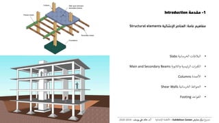 1-‫مقدمة‬Introduction
•‫البالطات‬‫الخرسانية‬Slabs
•‫ات‬‫ر‬‫الكم‬‫ئيسية‬‫ر‬‫ال‬‫والثانوية‬Main and Secondary Beams
•‫األعمدة‬Columns
•‫الحوائط‬‫الخرسانية‬Shear Walls
•‫القواعد‬Footing
‫مفاهيم‬‫عامة‬:‫العناصر‬‫اإلنشائية‬Structural elements
‫ع‬‫و‬ ‫ر‬‫مش‬‫كز‬‫مر‬‫معارض‬Exhibition Center–‫اإلنشائية‬ ‫األنظمة‬‫أ‬.‫د‬.‫عل‬ ‫خالد‬‫يوسف‬-2019-2020
 