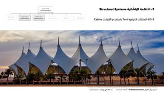 3-‫اإلنشائية‬ ‫األنظمة‬Structural Systems
3-4/5‫المنشآت‬‫الخيامية‬Tent‫باستخدام‬‫الكابالت‬Cables
‫اإلنشائية‬ ‫األنظمة‬
Structural Systems
‫المنفوخة‬ ‫المنشآت‬
Pneumatic
Structures
‫الخيامية‬ ‫المنشآت‬
Tent Structures
‫الكابالت‬ ‫منشآت‬
Cable Structures
‫القشرية‬ ‫المنشآت‬
Shell Structures
‫الهيكلية‬ ‫المنشآت‬
Skeleton
‫الحاملة‬ ‫الحوائط‬
Wall Bearing
‫ع‬‫و‬ ‫ر‬‫مش‬‫كز‬‫مر‬‫معارض‬Exhibition Center–‫اإلنشائية‬ ‫األنظمة‬‫أ‬.‫د‬.‫عل‬ ‫خالد‬‫يوسف‬-2019-2020
 
