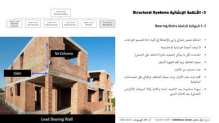 3-‫اإلنشائية‬ ‫األنظمة‬Structural Systems
3-1‫الحوائط‬‫الحاملة‬Bearing Walls
‫اإلنشائية‬ ‫األنظمة‬
Structural Systems
‫المنفوخة‬ ‫المنشآت‬
Pneumatic
Structures
‫الخيامية‬ ‫المنشآت‬
Tent Structures
‫الكابالت‬ ‫منشآت‬
Cable Structures
‫القشرية‬ ‫المنشآت‬
Shell Structures
‫الهيكلية‬ ‫المنشآت‬
Skeleton
‫الحاملة‬ ‫الحوائط‬
Wall Bearing
•‫الحائط‬‫عنص‬‫إنشائ‬‫أس‬‫ر‬‫باإلضافة‬‫إىل‬‫كونه‬‫أداة‬‫لتقس‬‫يم‬‫اغات‬‫ر‬‫الف‬
•‫ال‬‫توجد‬‫أعمدة‬‫خرسانية‬‫أو‬‫حديدية‬
•‫الفتحات‬‫أقل‬‫ما‬‫يمكن‬(‫تضعف‬‫قدرة‬‫الحائط‬‫عل‬‫التحمل‬)
•‫سمك‬‫الحائط‬‫يزيد‬‫كلما‬‫اتجهنا‬‫ألسفل‬
•‫عدد‬‫محدود‬‫من‬‫األدوار‬
•‫كلما‬‫ازداد‬‫عدد‬‫األدوار‬‫يزداد‬‫سمك‬،‫الحائط‬‫وبالتاىل‬‫تقل‬‫المس‬‫احات‬
‫الوظيفية‬
•‫مرونة‬‫محدودة‬‫بعد‬‫التشييد‬‫لعدم‬‫إمكانية‬‫الة‬‫ز‬‫إ‬‫الحوائط‬(‫ألغ‬‫اض‬‫ر‬
‫التعديل‬)‫بعد‬‫اكتمال‬‫المبن‬
‫ع‬‫و‬ ‫ر‬‫مش‬‫كز‬‫مر‬‫معارض‬Exhibition Center–‫اإلنشائية‬ ‫األنظمة‬‫أ‬.‫د‬.‫عل‬ ‫خالد‬‫يوسف‬-2019-2020
 