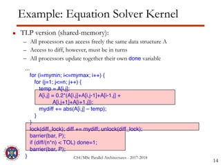 CS4/MSc Parallel Architectures - 2017-2018
Example: Equation Solver Kernel
▪ TLP version (shared-memory):
– All processors can access freely the same data structure A
– Access to diff, however, must be in turns
– All processors update together their own done variable
14
...
for (i=mymin; i<=mymax; i++) {
for (j=1; j<=n; j++) {
temp = A[i,j];
A[i,j] = 0.2*(A[i,j]+A[i,j-1]+A[i-1,j] +
A[i,j+1]+A[i+1,j]);
mydiff += abs(A[i,j] – temp);
}
}
lock(diff_lock); diff += mydiff; unlock(diff_lock);
barrier(bar, P);
if (diff/(n*n) < TOL) done=1;
barrier(bar, P);
}
 