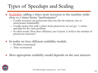 CS4/MSc Parallel Architectures - 2017-2018
Types of Speedups and Scaling
▪ Scalability: adding x times more resources to the machine yields
close to x times better “performance”
– Usually resources are processors (but can also be memory size or
interconnect bandwidth)
– Usually means that with x times more processors we can get ~x times
speedup for the same problem
– In other words: How does efficiency (see Lecture 1) hold as the number of
processors increases?
▪ In reality we have different scalability models:
– Problem constrained
– Time constrained
▪ Most appropriate scalability model depends on the user interests
15
 
