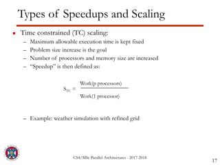 CS4/MSc Parallel Architectures - 2017-2018
Types of Speedups and Scaling
▪ Time constrained (TC) scaling:
– Maximum allowable execution time is kept fixed
– Problem size increase is the goal
– Number of processors and memory size are increased
– “Speedup” is then defined as:
– Example: weather simulation with refined grid
17
STC =
Work(p processors)
Work(1 processor)
 