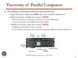 CS4/MSc Parallel Architectures - 2017-2018
Taxonomy of Parallel Computers
▪ According to instruction and data streams (Flynn):
– Single instruction single data (SISD): this is the standard uniprocessor
– Single instruction, multiple data streams (SIMD):
▪ Same instruction is executed in all processors with different data
▪ E.g., Vector processors, SIMD instructions, GPUs
– Multiple instruction, single data streams (MISD):
▪ Different instructions on the same data
▪ Fault-tolerant computers, Near memory computing (Micron Automata processor).
2
 