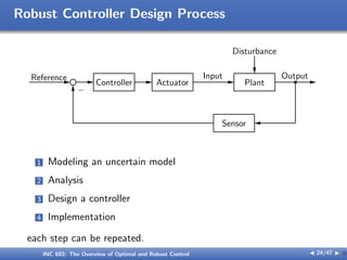 Robust Controller Design Process
Reference
Controller Actuator
Input
Plant
Disturbance
Output
Sensor
−
1 Modeling an uncertain model
2 Analysis
3 Design a controller
4 Implementation
each step can be repeated.
INC 692: The Overview of Optimal and Robust Control J 24/47 I }
 