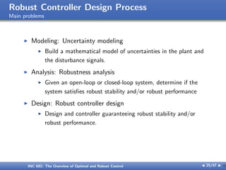 Robust Controller Design Process
Main problems
I Modeling: Uncertainty modeling
I Build a mathematical model of uncertainties in the plant and
the disturbance signals.
I Analysis: Robustness analysis
I Given an open-loop or closed-loop system, determine if the
system satisfies robust stability and/or robust performance
I Design: Robust controller design
I Design and controller guaranteeing robust stability and/or
robust performance.
INC 692: The Overview of Optimal and Robust Control J 25/47 I }
 
