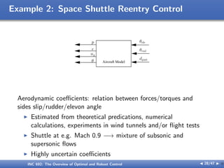 Example 2: Space Shuttle Reentry Control
Aircraft Model
dgust
θrud
θele
p
r
ny
θ
p
Aerodynamic coeﬃcients: relation between forces/torques and
sides slip/rudder/elevon angle
I Estimated from theoretical predications, numerical
calculations, experiments in wind tunnels and/or flight tests
I Shuttle at e.g. Mach 0.9 −→ mixture of subsonic and
supersonic flows
I Highly uncertain coeﬃcients
INC 692: The Overview of Optimal and Robust Control J 28/47 I }
 