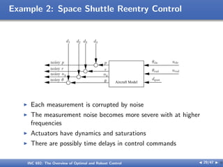 Example 2: Space Shuttle Reentry Control
Aircraft Model
dgust
θrud
θele
d1 d2 d3 d4
uele
urud
noisy p
noisy r
noisy ny
noisy θ
p
r
ny
θ
I Each measurement is corrupted by noise
I The measurement noise becomes more severe with at higher
frequencies
I Actuators have dynamics and saturations
I There are possibly time delays in control commands
INC 692: The Overview of Optimal and Robust Control J 29/47 I }
 
