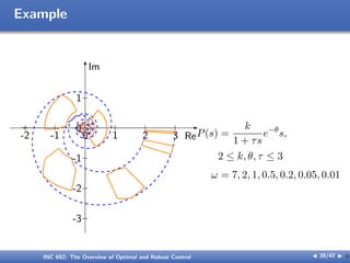 Example
Re
-2 -1 0 1 2 3
Im
-3
-2
-1
0
1
P(s) =
k
1 + τs
e−θ
s,
2 ≤ k, θ, τ ≤ 3
ω = 7, 2, 1, 0.5, 0.2, 0.05, 0.01
INC 692: The Overview of Optimal and Robust Control J 39/47 I }
 