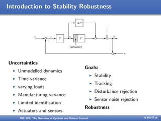 Introduction to Stability Robustness
r e
C
u
P
∆P
y
n
−
(actuator)
Uncertainties
I Unmodelled dynamics
I Time variance
I varying loads
I Manufacturing variance
I Limited identification
I Actuators and sensors
Goals:
I Stability
I Tracking
I Disturbance rejection
I Sensor noise rejection
Robustness
INC 692: The Overview of Optimal and Robust Control J 40/47 I }
 
