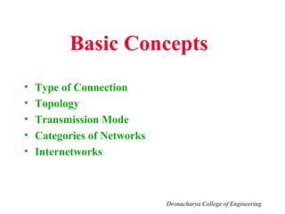 Basic Concepts
• Type of Connection
• Topology
• Transmission Mode
• Categories of Networks
• Internetworks
Dronacharya College of Engineering
 