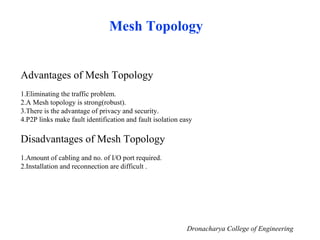 Mesh Topology
Advantages of Mesh Topology
1.Eliminating the traffic problem.
2.A Mesh topology is strong(robust).
3.There is the advantage of privacy and security.
4.P2P links make fault identification and fault isolation easy
Disadvantages of Mesh Topology
1.Amount of cabling and no. of I/O port required.
2.Installation and reconnection are difficult .
Dronacharya College of Engineering
 