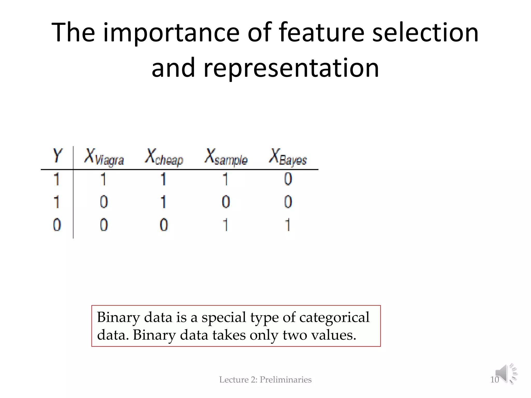 The importance of feature selection and representation Lecture 2: Preliminaries 10 Binary data is a special type of categorical data. Binary data takes only two values. 